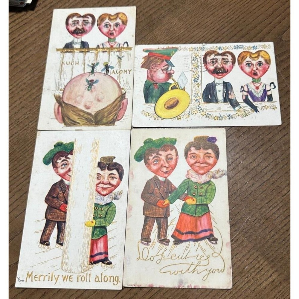 Set of 4 Vintage Penny Dreadfuls Vinegar Valentine Postcard USED Mosquito Hearts